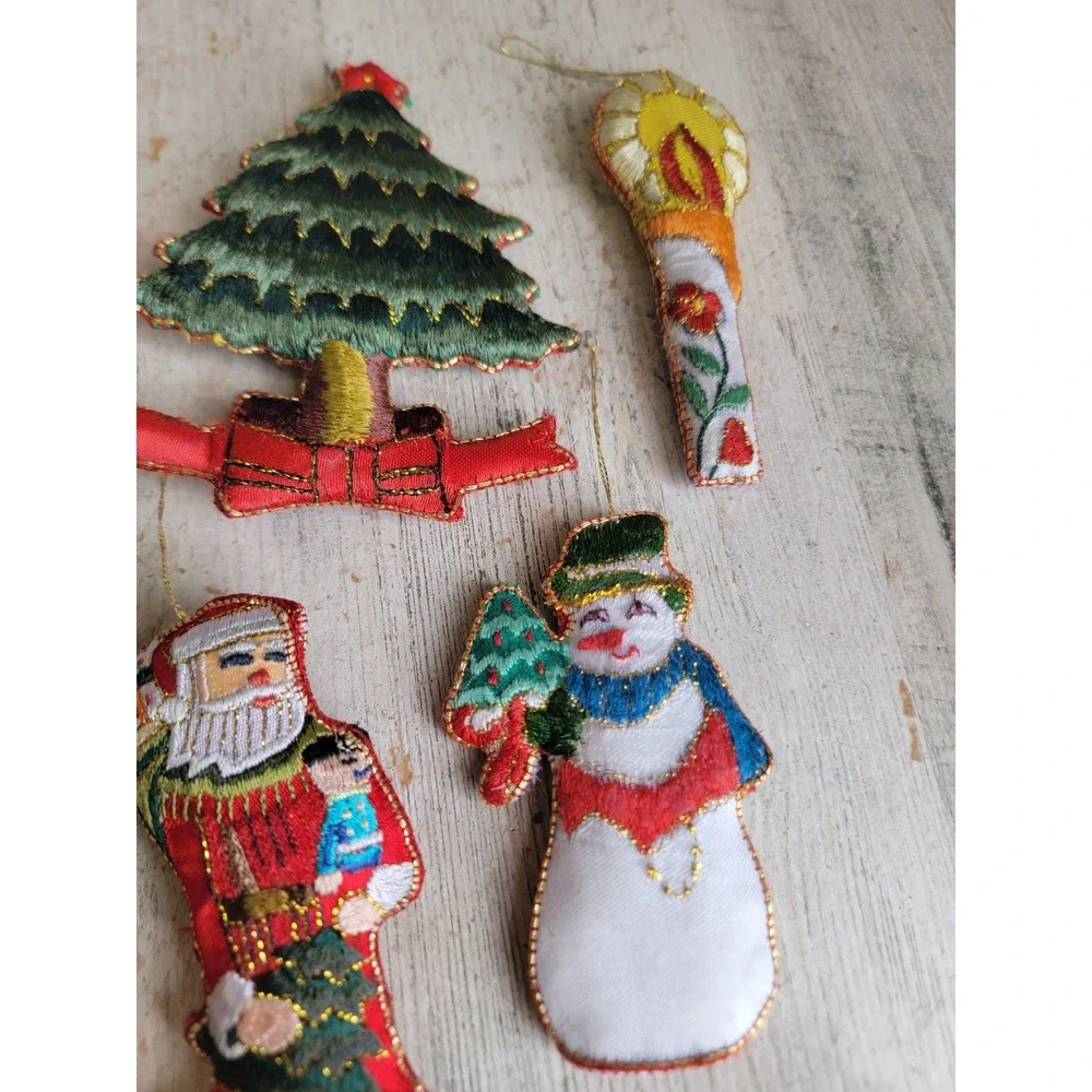Vintage embroidered Santa Claus tree candle ornament Snowman Xmas set